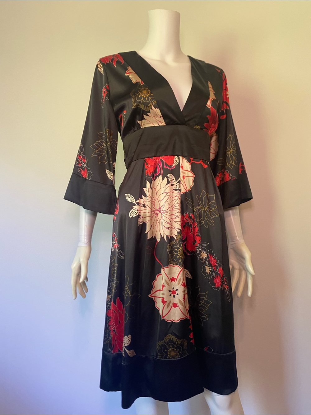 Ripe Black Midi Dress with Red and Cream Floral Motif